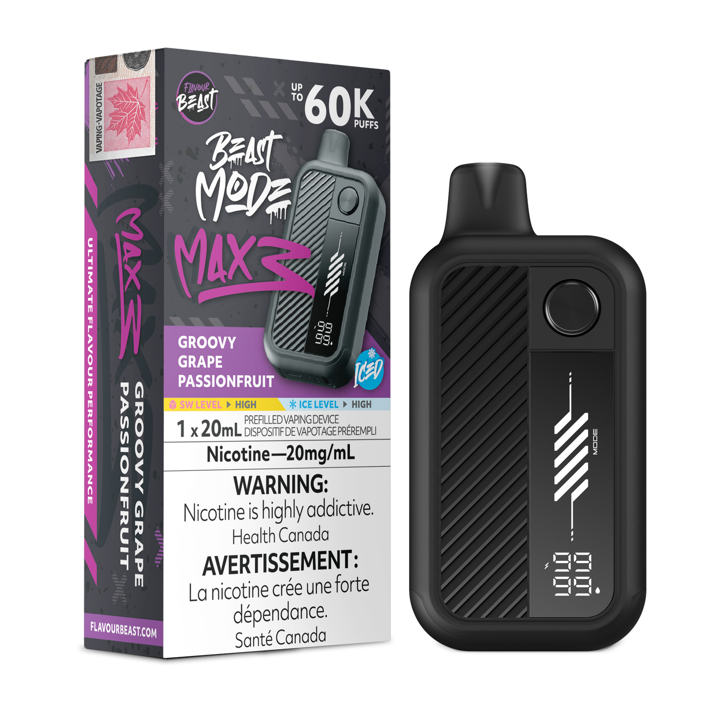 Flavour Beast Beast Mode Max 3 Groovy Grape Passionfruit Iced vape device surrounded by grape and passionfruit slices.