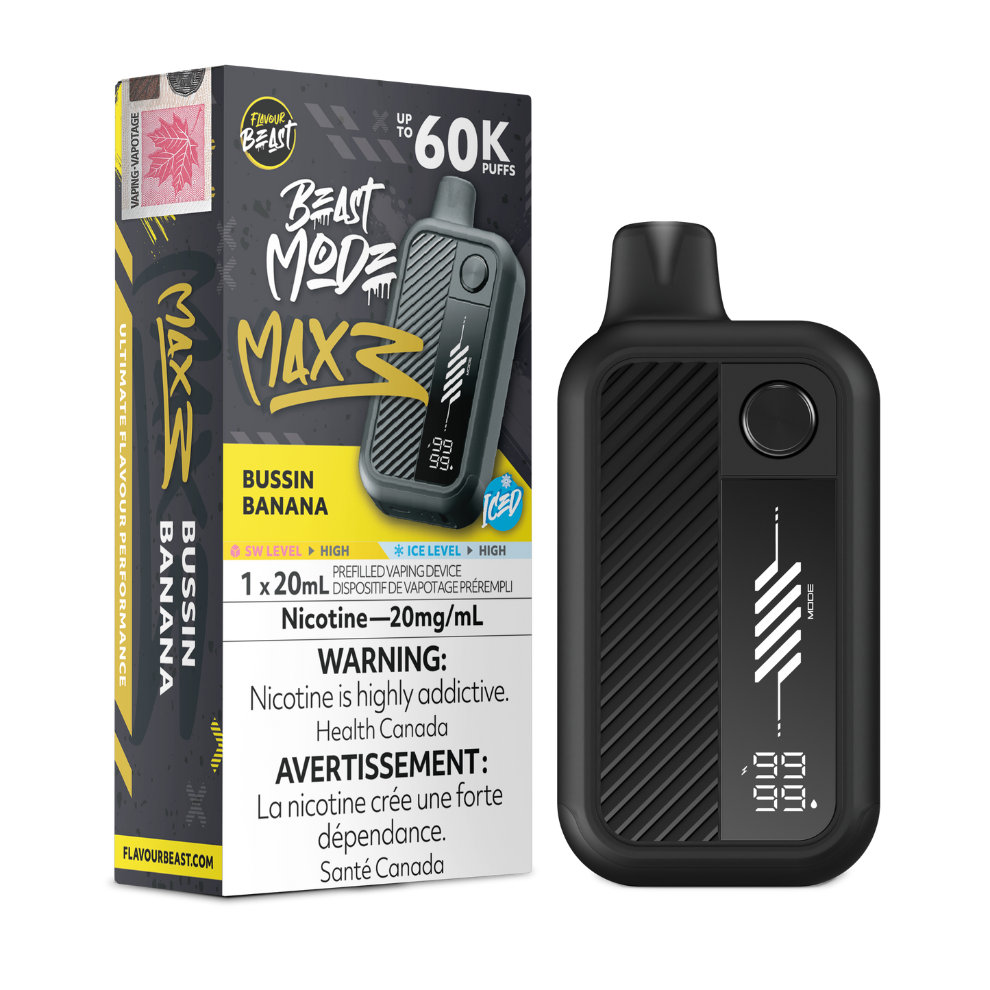 Flavour Beast Beast Mode Max 3 Bussin Banana Iced disposable vape with banana and ice background
