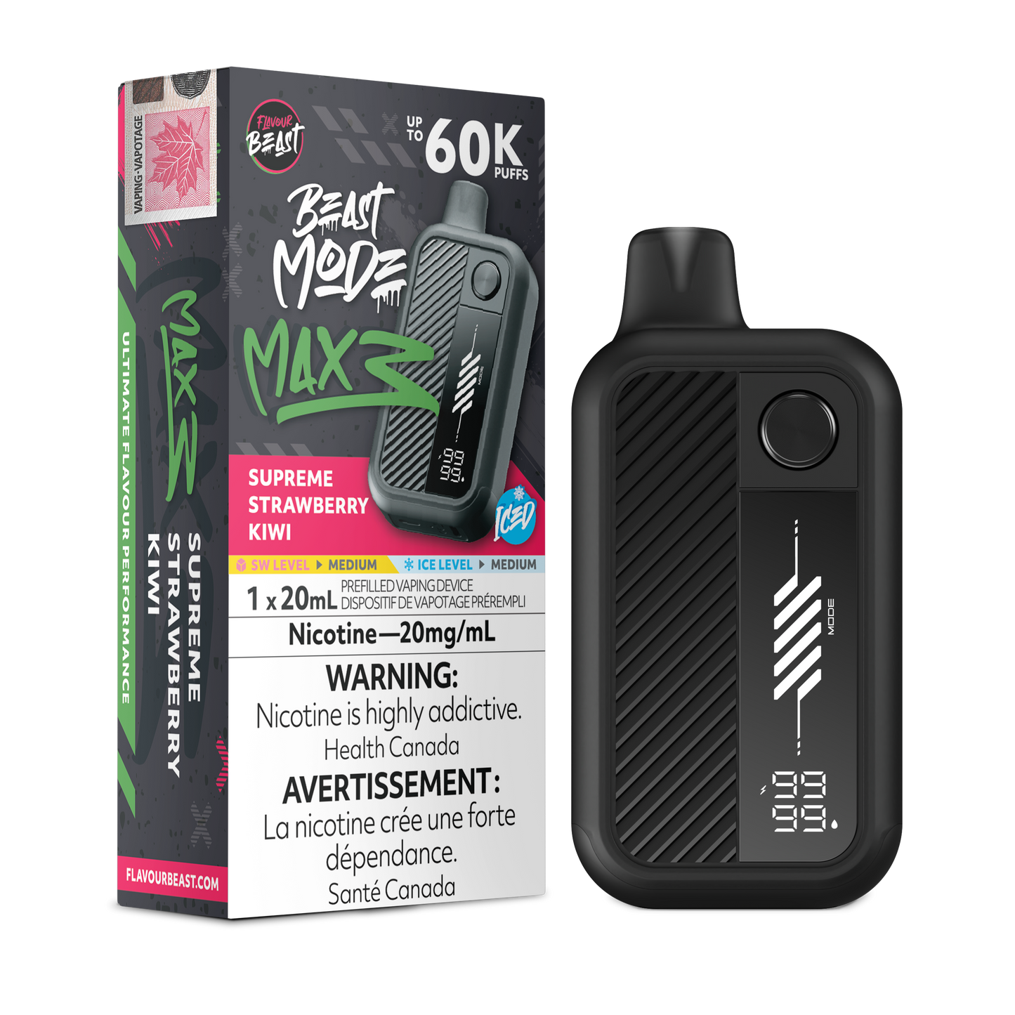 Flavour Beast Beast Mode Max 3 Supreme Strawberry Kiwi Iced vape with strawberries and kiwis in icy splash.