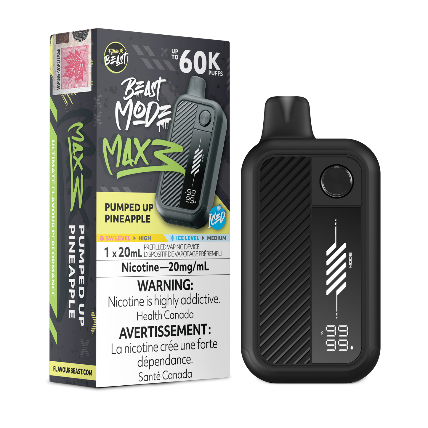 Flavour Beast Beast Mode Max 3 Pumped Up Pineapple Iced vape with pineapple and ice cubes in a splash of juice.