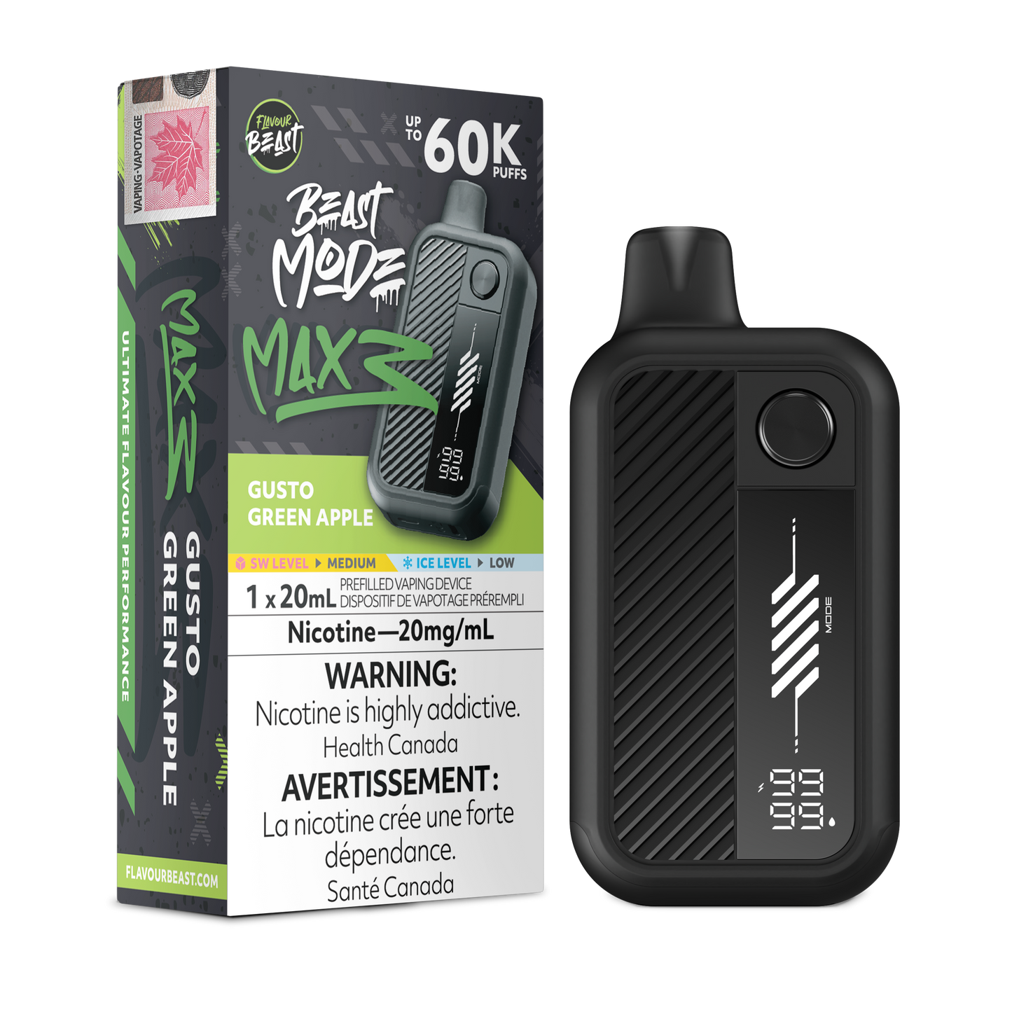 Flavour Beast Beast Mode Max 3 Gusto Green Apple disposable vape with green apple splash