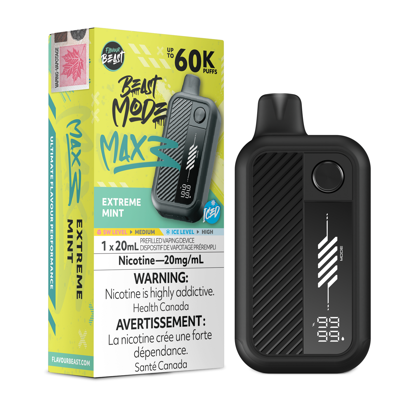Flavour Beast Beast Mode Max 3 Extreme Mint Iced disposable vape surrounded by icy splashes and ice cubes.