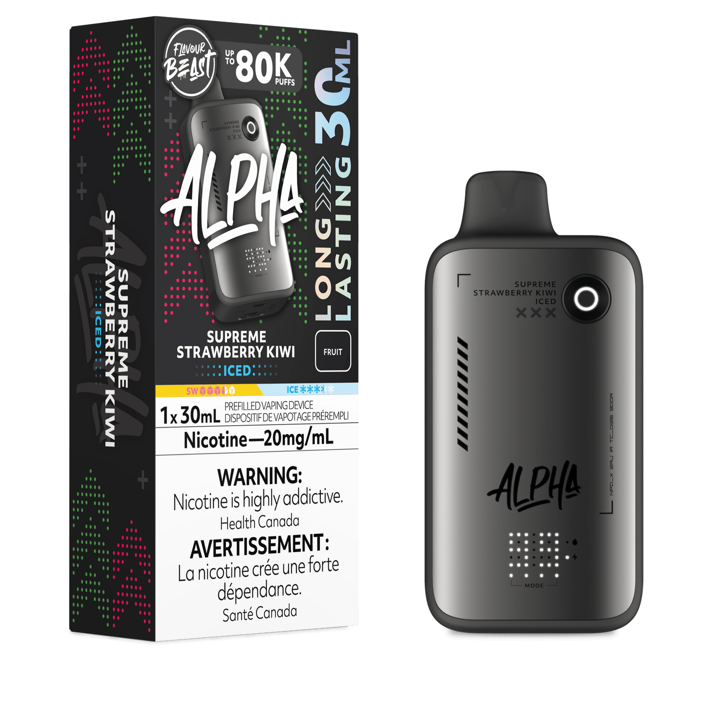 Flavor Beast ALPHA Supreme Strawberry Kiwi Iced Vape product packaging and device for strawberry kiwi iced vape.