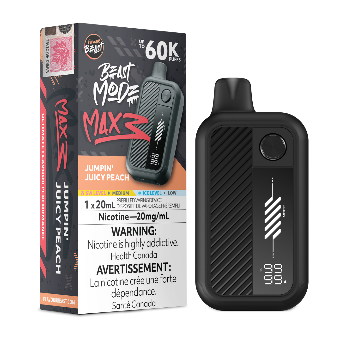 Flavour Beast Beast Mode Max 3 Jumpin' Juicy Peach vape against a splash of peach slices.