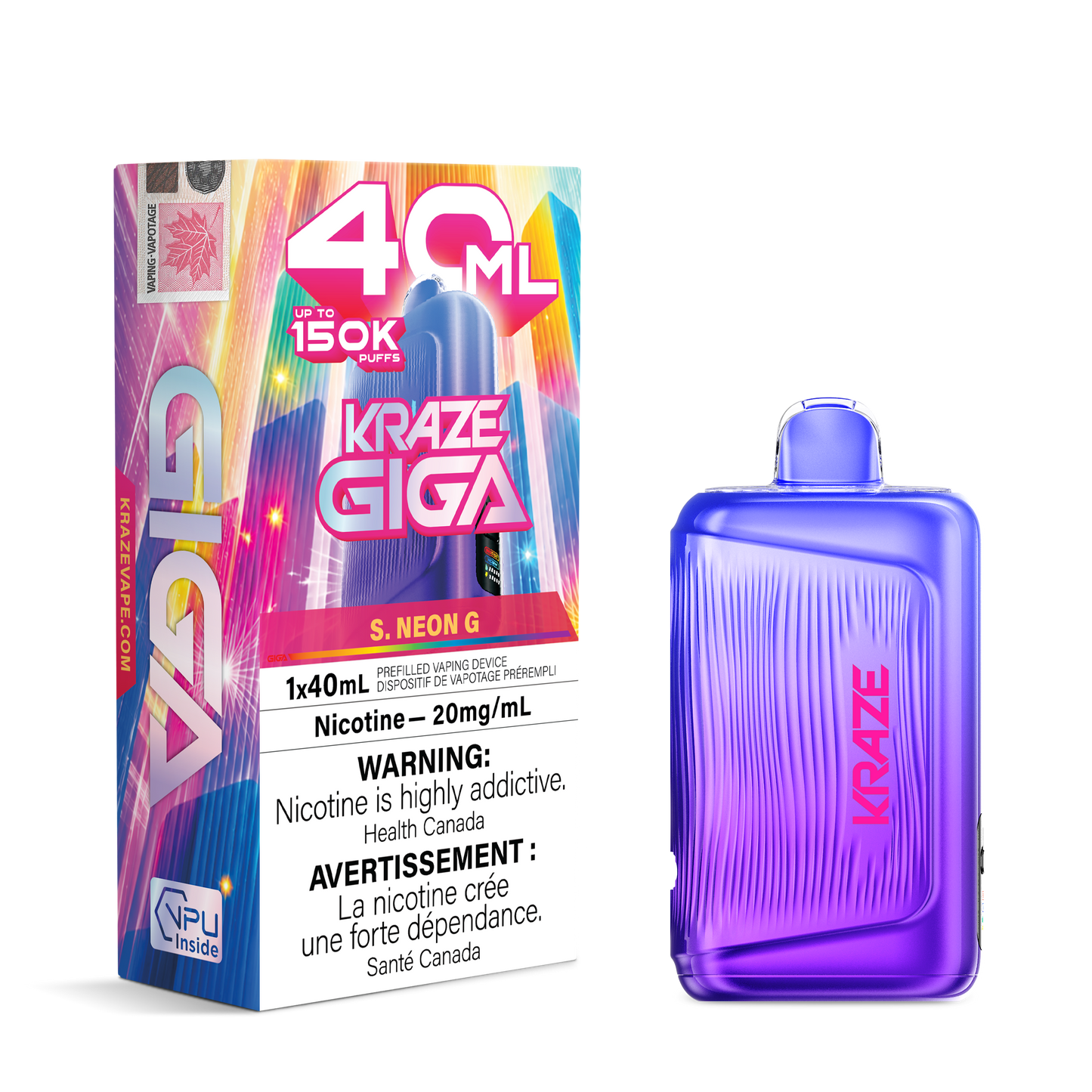 Kraze Giga 150k - S Neon G 40mL disposable vape product image at AllStar Vape Canada