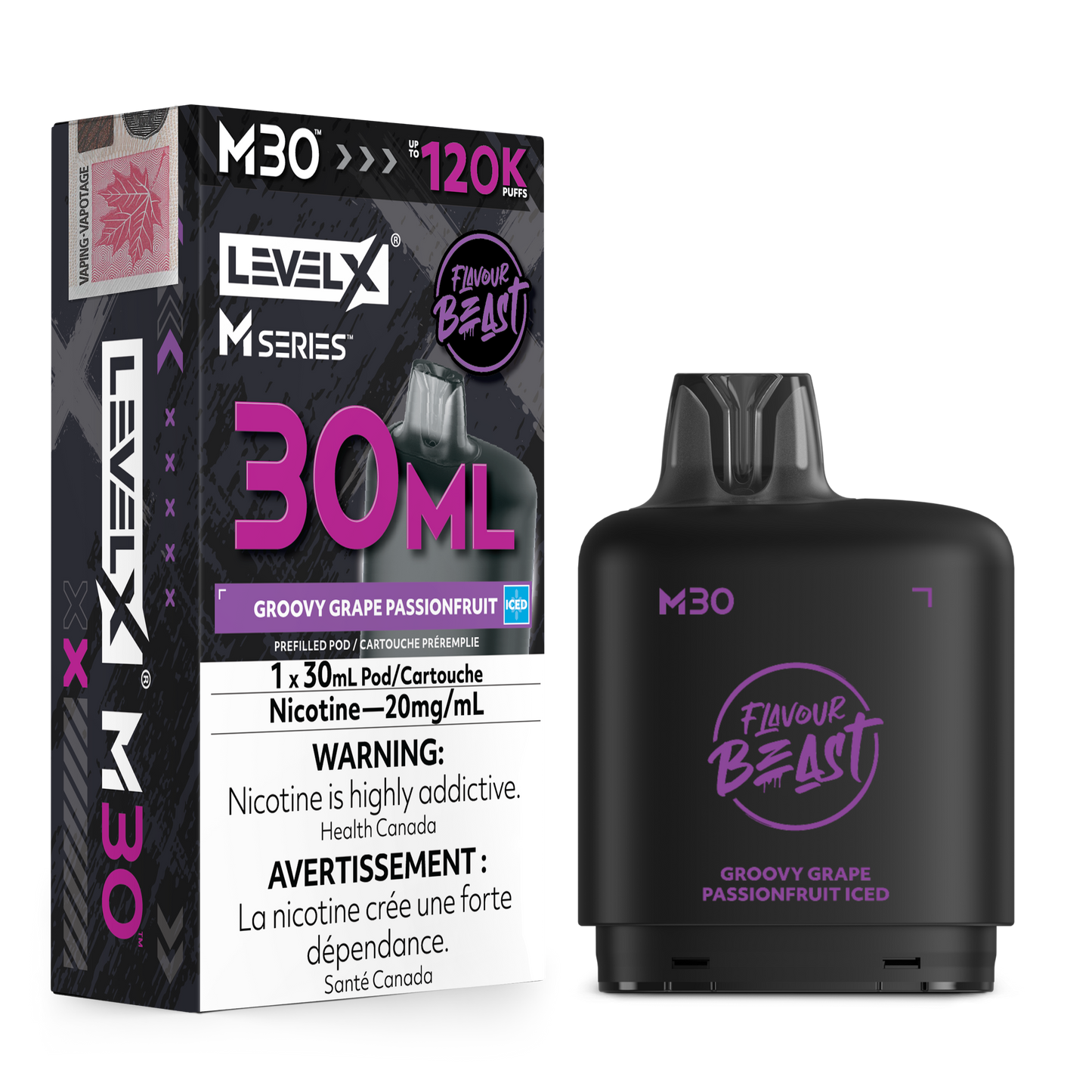 Level X Flavour Beast M30 Series - Groovy Grape Passionfruit Iced 30mL closed pod product image at AllStar Vape Canada
