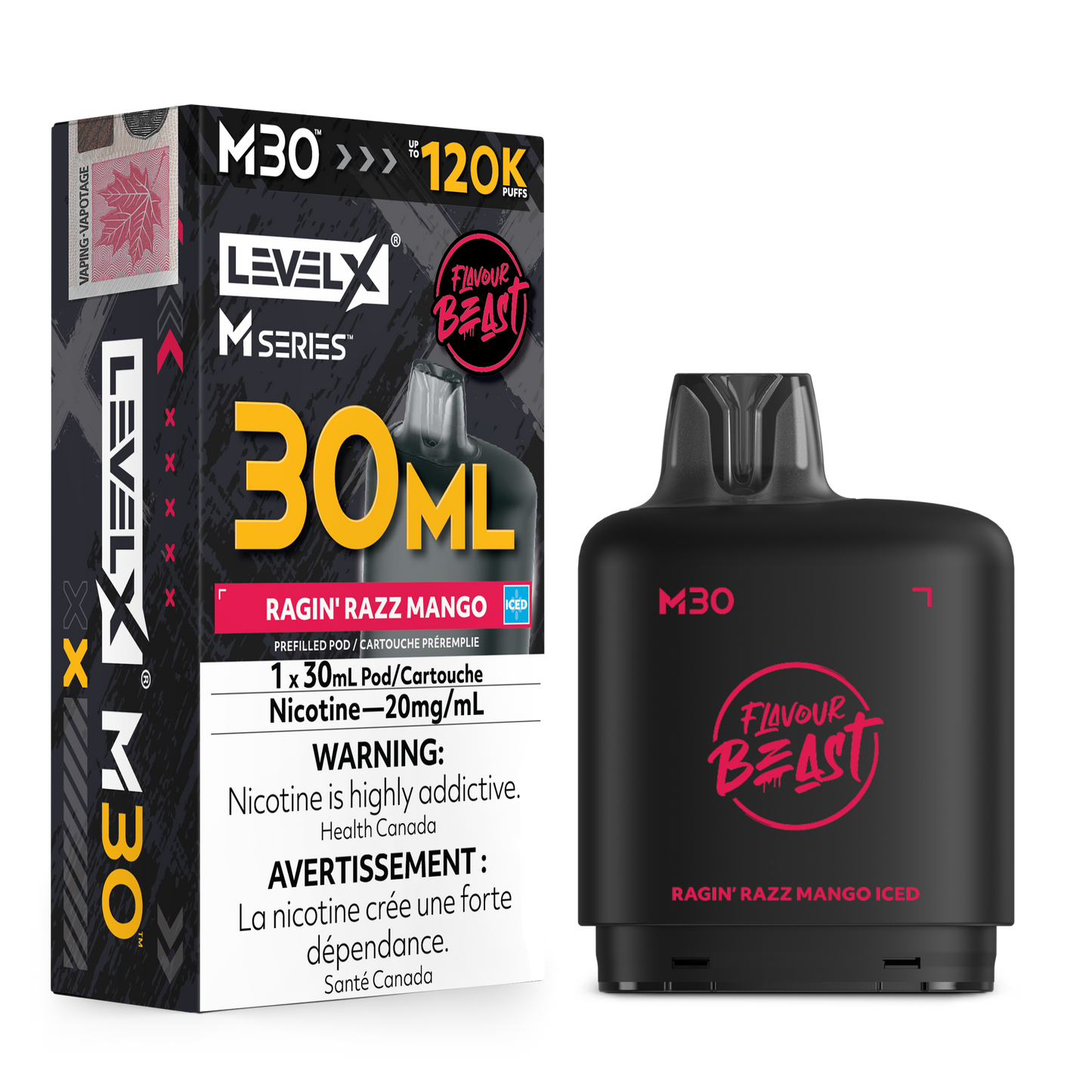 Level X Flavour Beast M30 Series - Ragin' Razz Mango Iced 30mL closed pod product image at AllStar Vape Canada