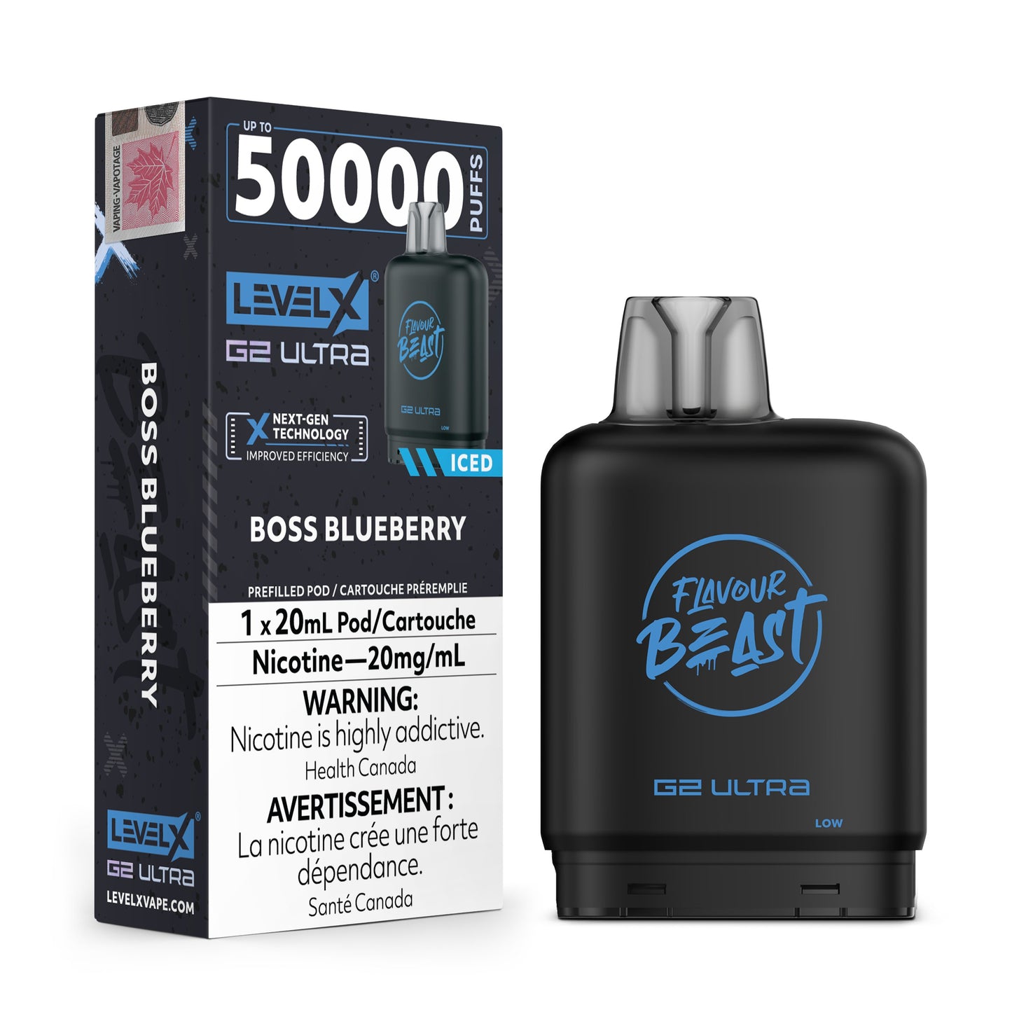 Level X Flavour Beast G2 Ultra Boss Blueberry Iced vape juice bottle surrounded by blueberries and ice.