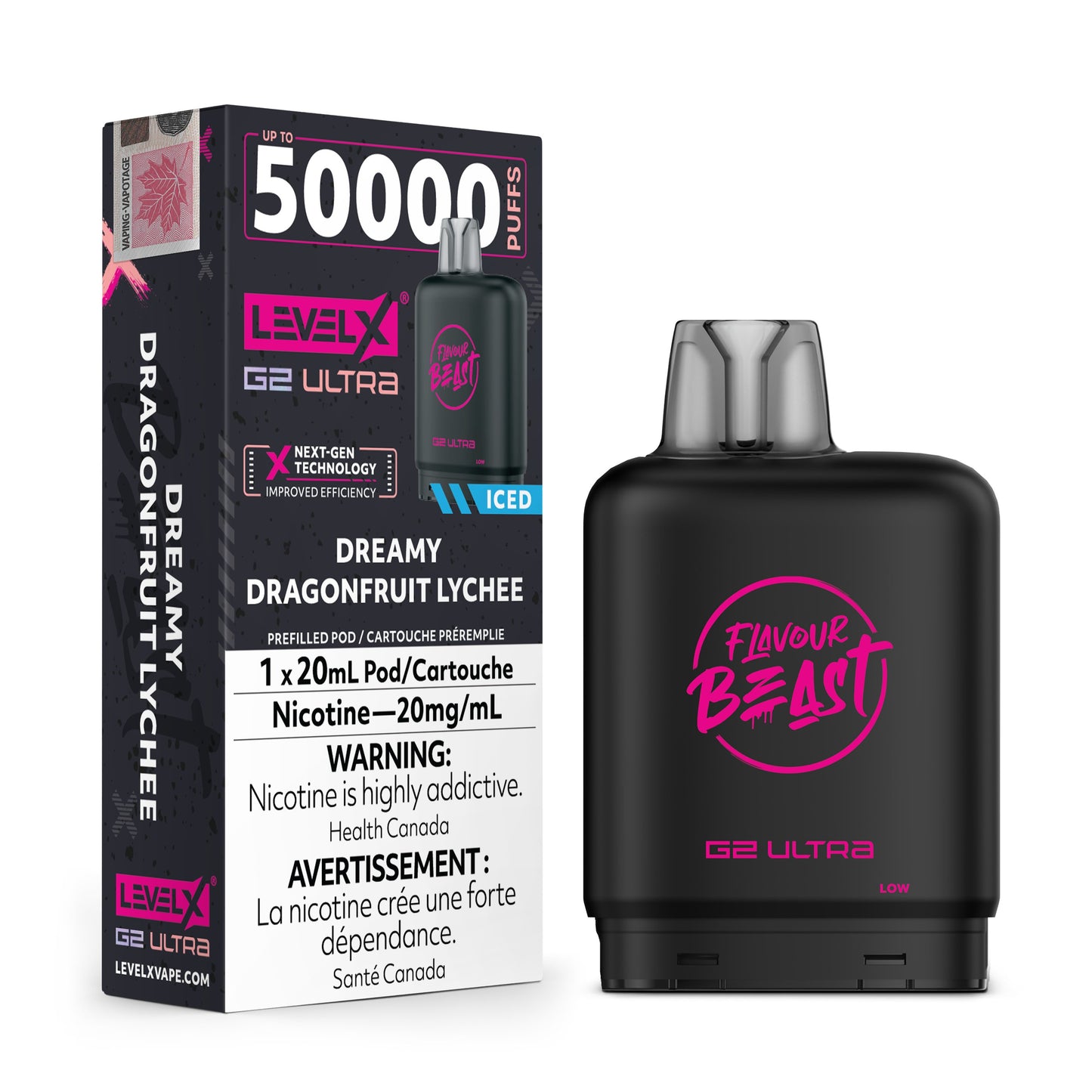 Level X Flavour Beast G2 Ultra Dreamy Dragonfruit Lychee Iced vape product with dragonfruit and lychee.
