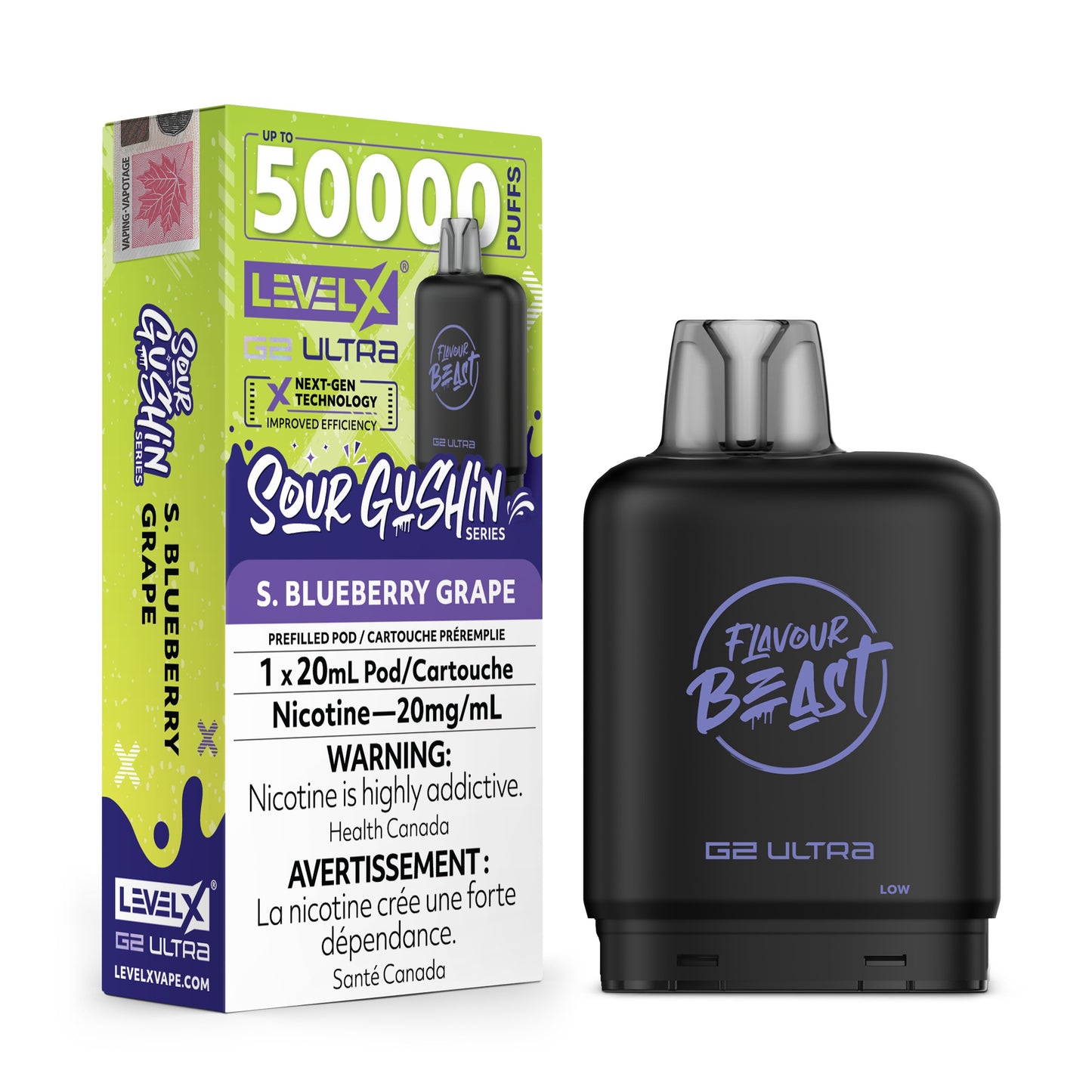 Level X Flavour Beast G2 Blueberry Grape vape surrounded by blueberries, grapes, and vibrant splashes of color.
