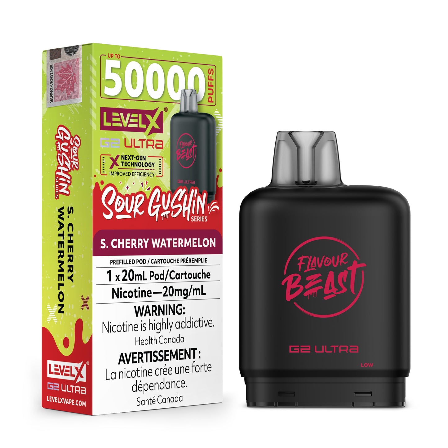 Level X Flavour Beast G2 Ultra Gushin S Cherry Watermelon cherry watermelon vape juice with vibrant fruit splash.