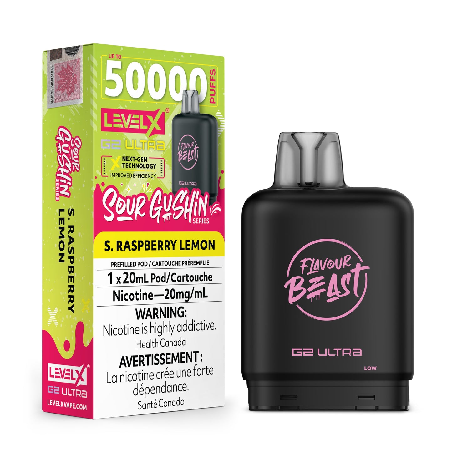 Level X Gushin Raspberry Lemon vape with colorful fruit splash background including lemons and raspberries.