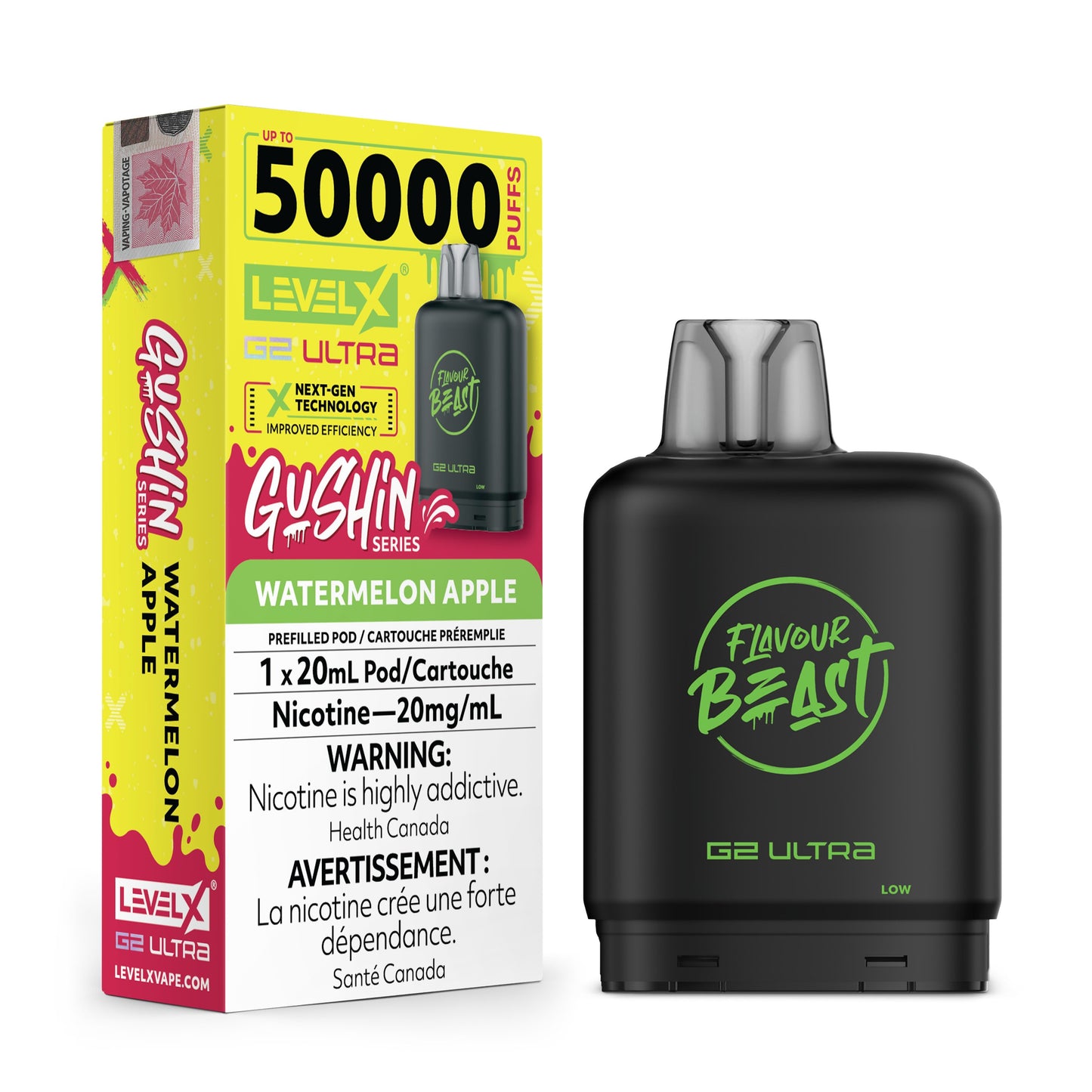 Level X Flavour Beast G2 Watermelon Apple vape in vibrant colors with watermelon and apple imagery.