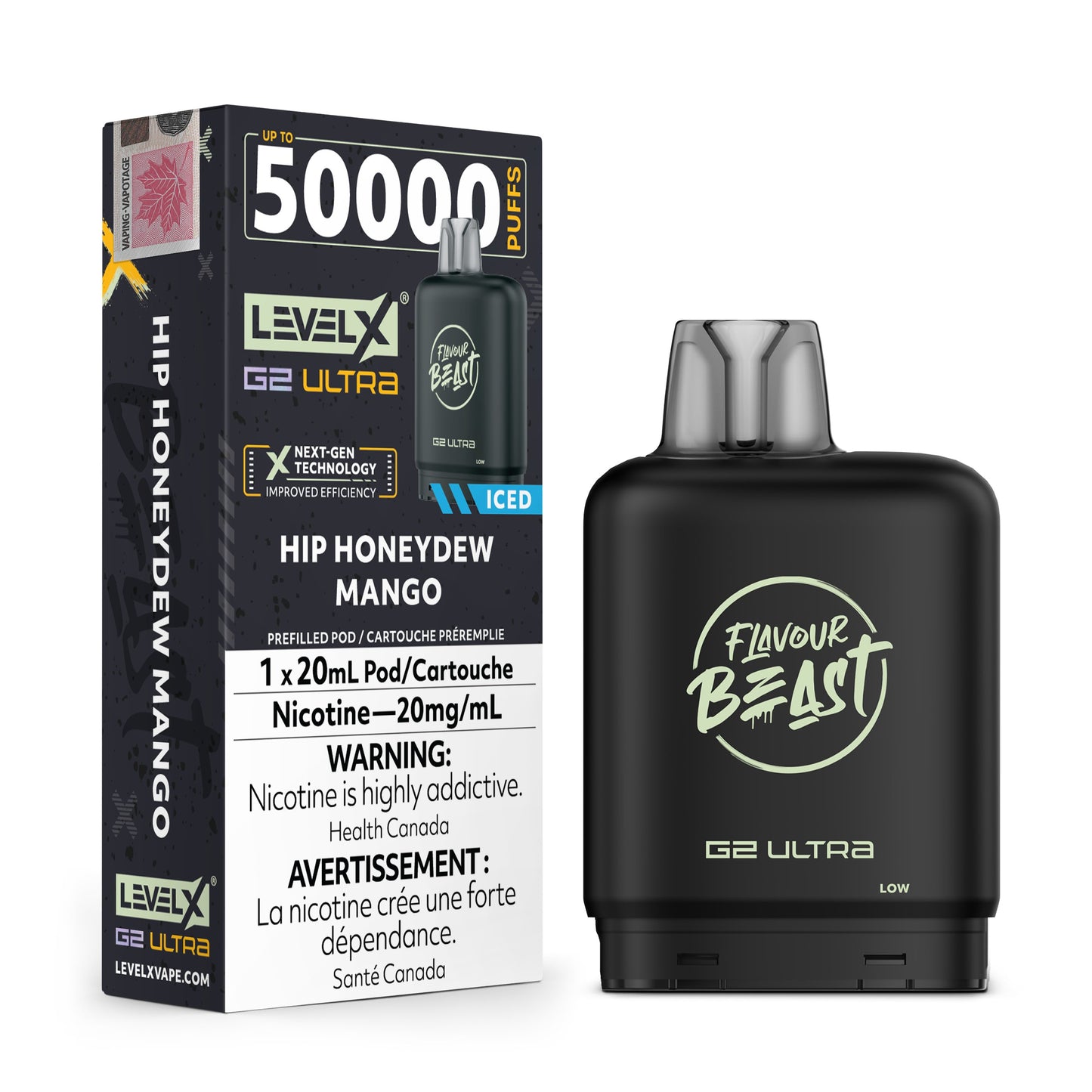 Level X Flavour Beast G2 Ultra Hip Honeydew Mango Iced Closed Pod with tropical fruit background.