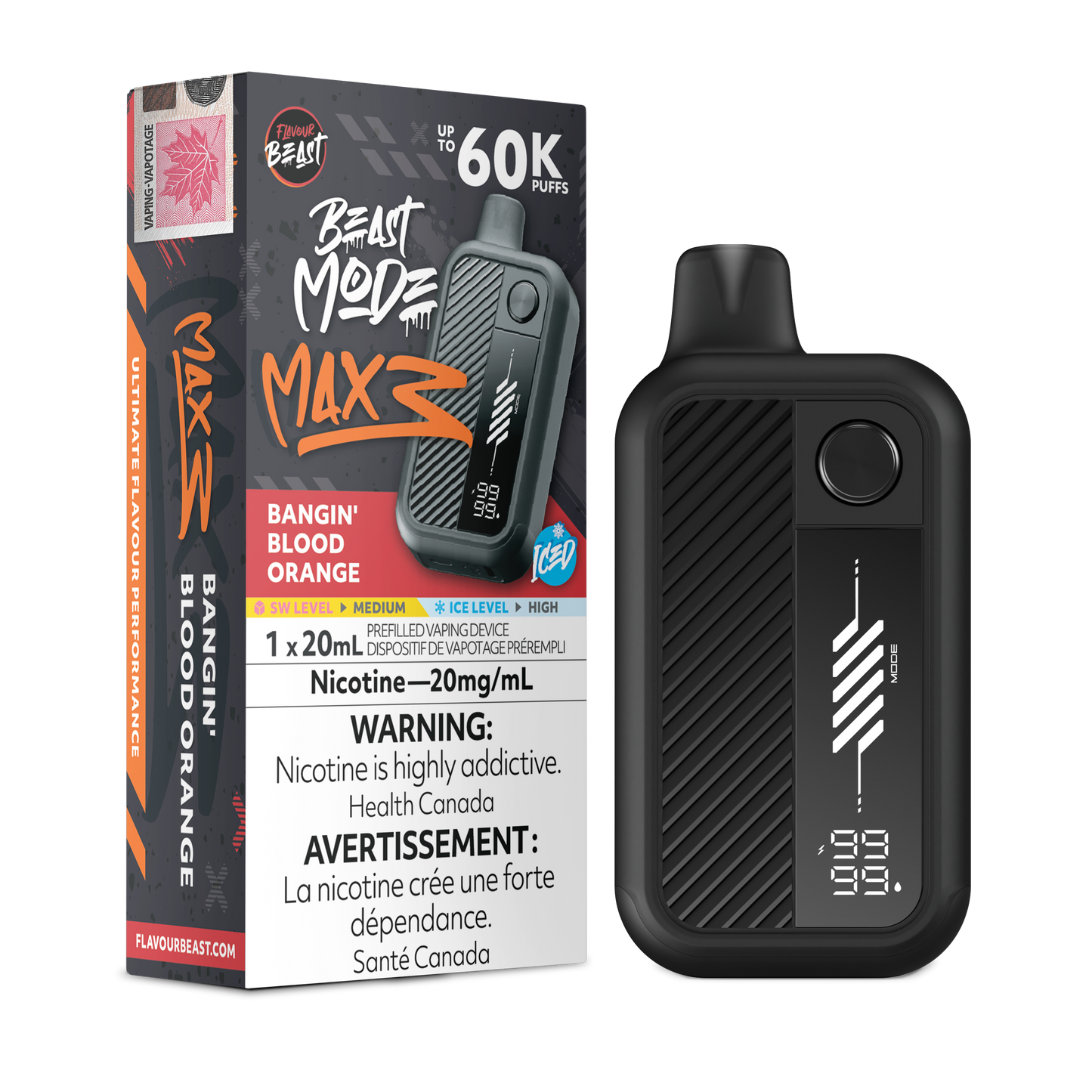 Flavour Beast Beast Mode Max 3 Bangin' Blood Orange Iced disposable vape with blood oranges and ice cubes.