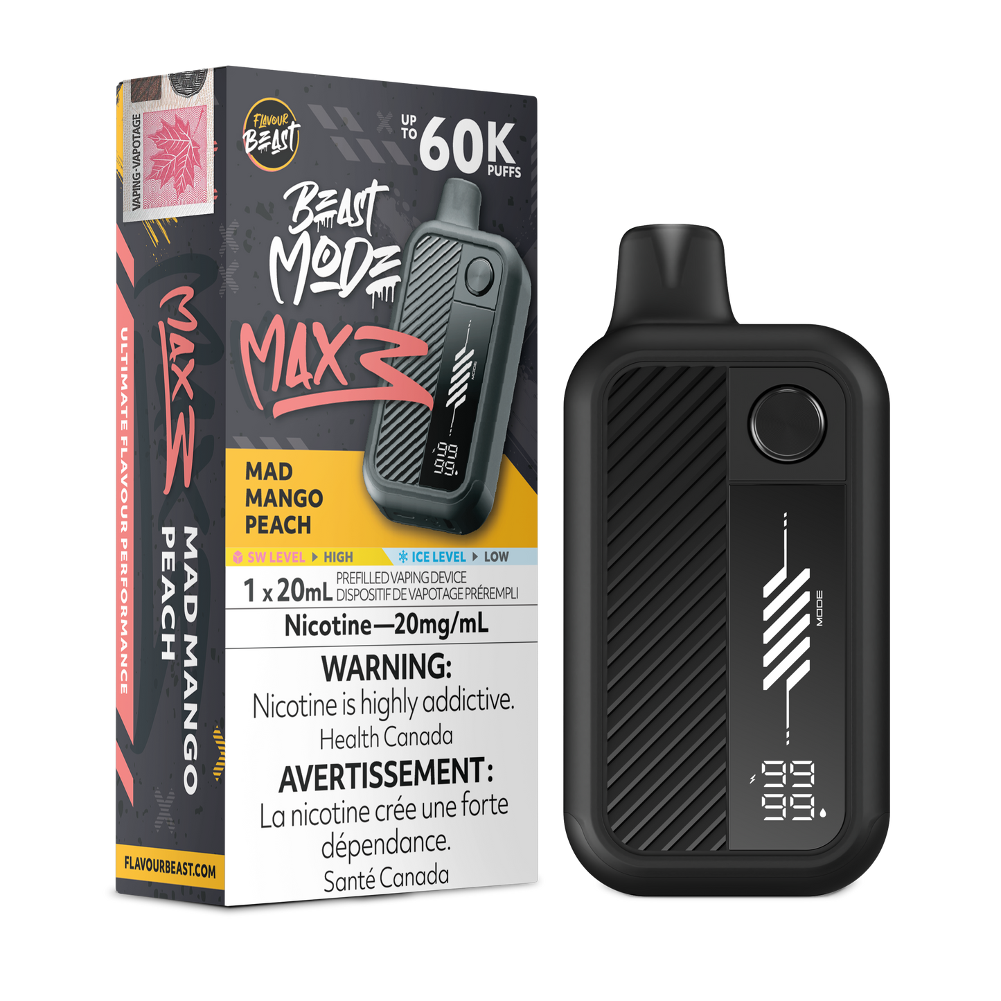 Flavour Beast Beast Mode Max 3 Mad Mango Peach disposable vape with mango and peach imagery.