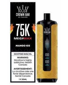 Al Fakher Crown Bar Mega Max 75K Mango Ice disposable vape retail box and device