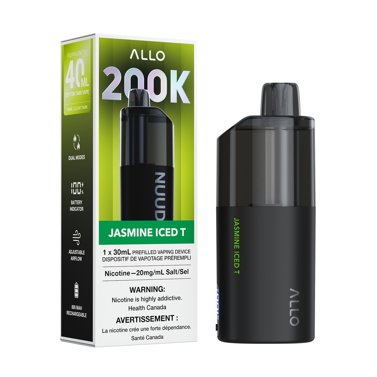 Allo Nuud 200k - Jasmine Iced T disposable vape retail box and device