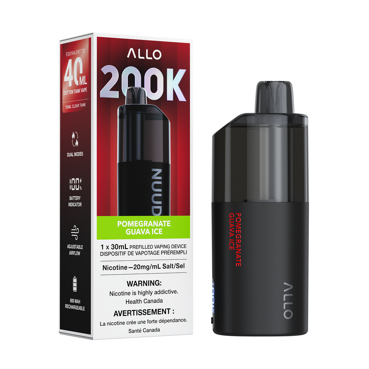 Allo Nuud 200k - Pomegranate Guava Ice disposable vape retail box and device