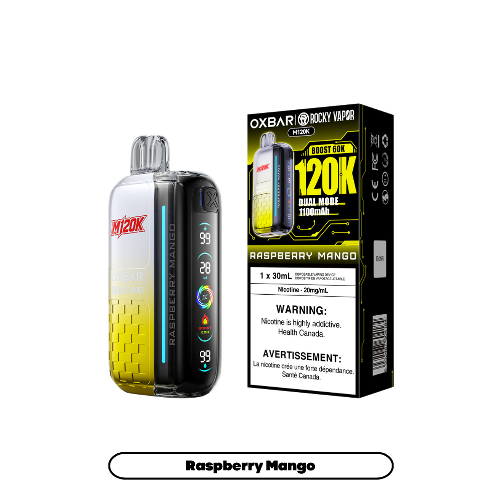 Oxbar 120k - Raspberry Mango disposable vape retail box and device