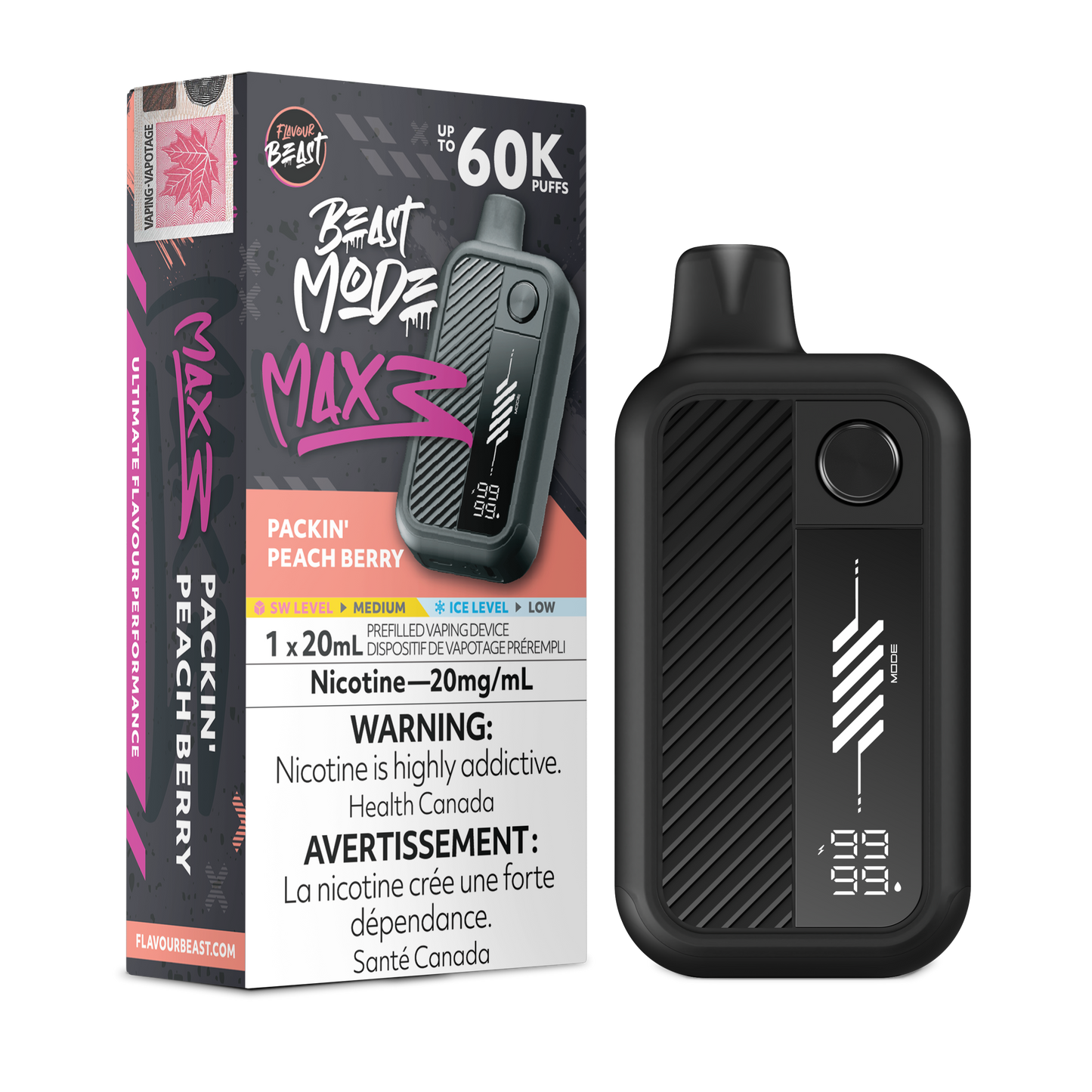 Flavour Beast Beast Mode Max 3 Packin' Peach Berry disposable vape with peach and berry flavors.