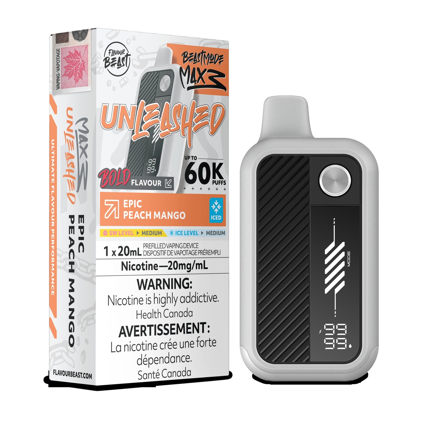 Flavour Beast Beast Mode Max 3 Epic Peach Mango Iced vape device with fruits and ice cubes in a dynamic splash.