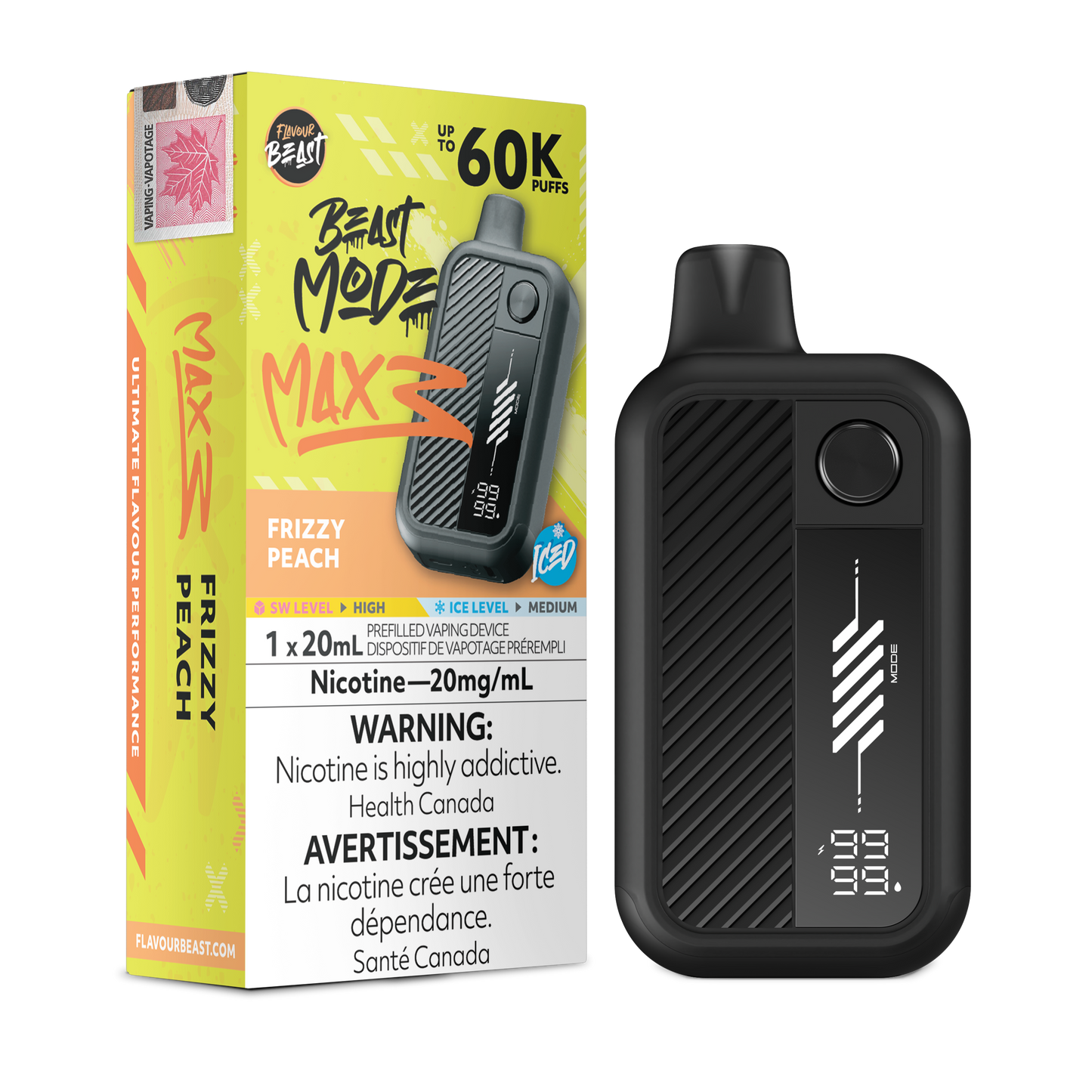 Flavour Beast Beast Mode Max 3 Frizzy Peach Iced vape surrounded by peach slices and ice cubes in sparkling water.