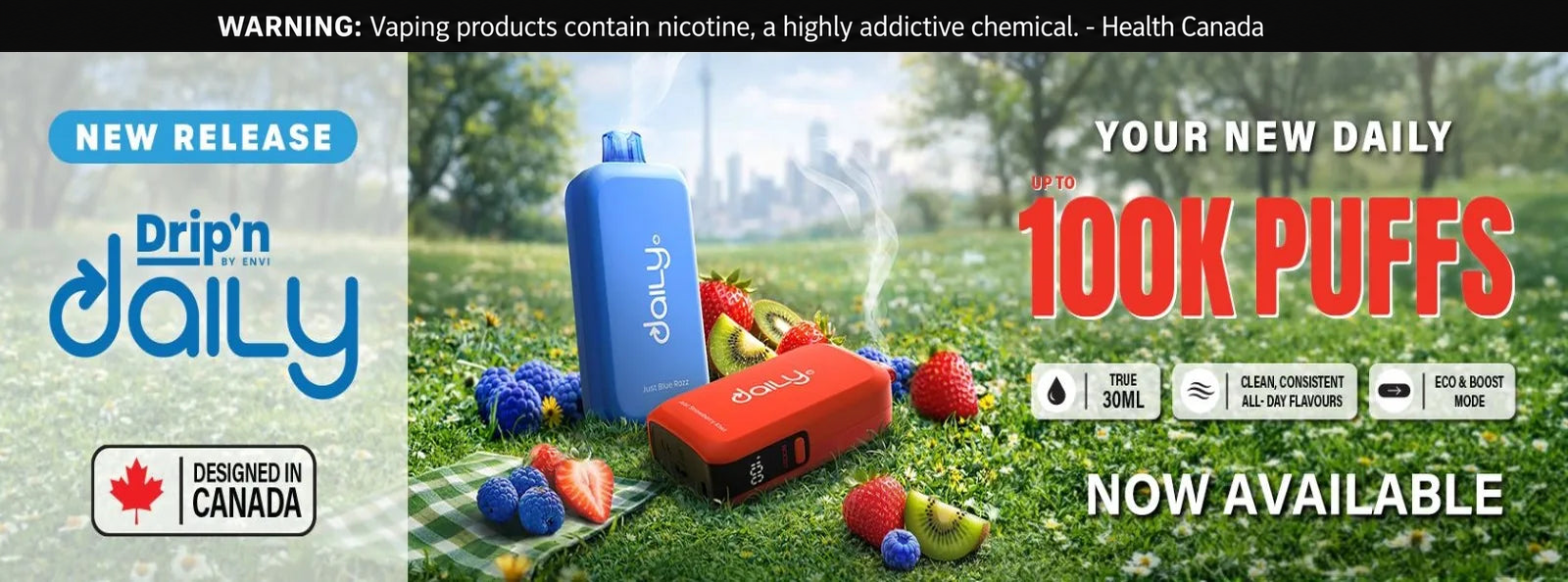 Drip'n Daily 100K puffs new release disposable vape banner at AllStar Vape