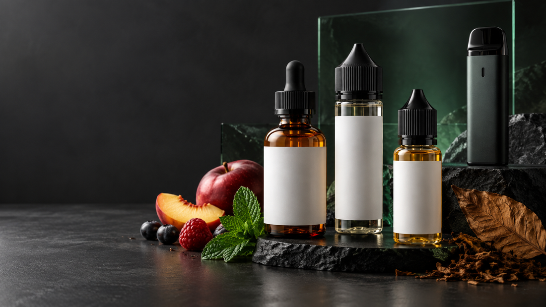 Unbranded e-liquid bottles with fruit, mint and tobacco flavour cues for an adult Canadian comparison guide
