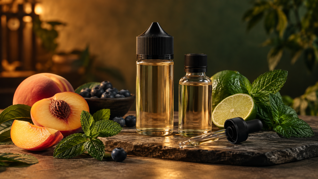 Unbranded e-liquid bottles with fruit and mint for an adult e-liquid guide