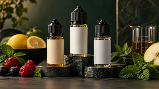 Unbranded e-liquid bottles with fruit and mint for an adult vape juice guide