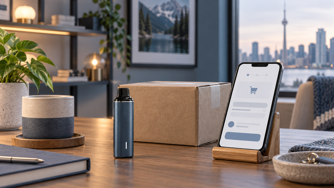Unbranded vape device, delivery parcel and online checkout layout for an adult shopping guide in Canada
