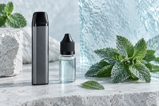 Unbranded vape device and e-liquid bottle with a cool mint editorial setting
