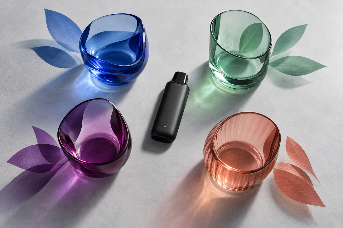 Abstract flavour profile layout with an unbranded vape device for an adult guide