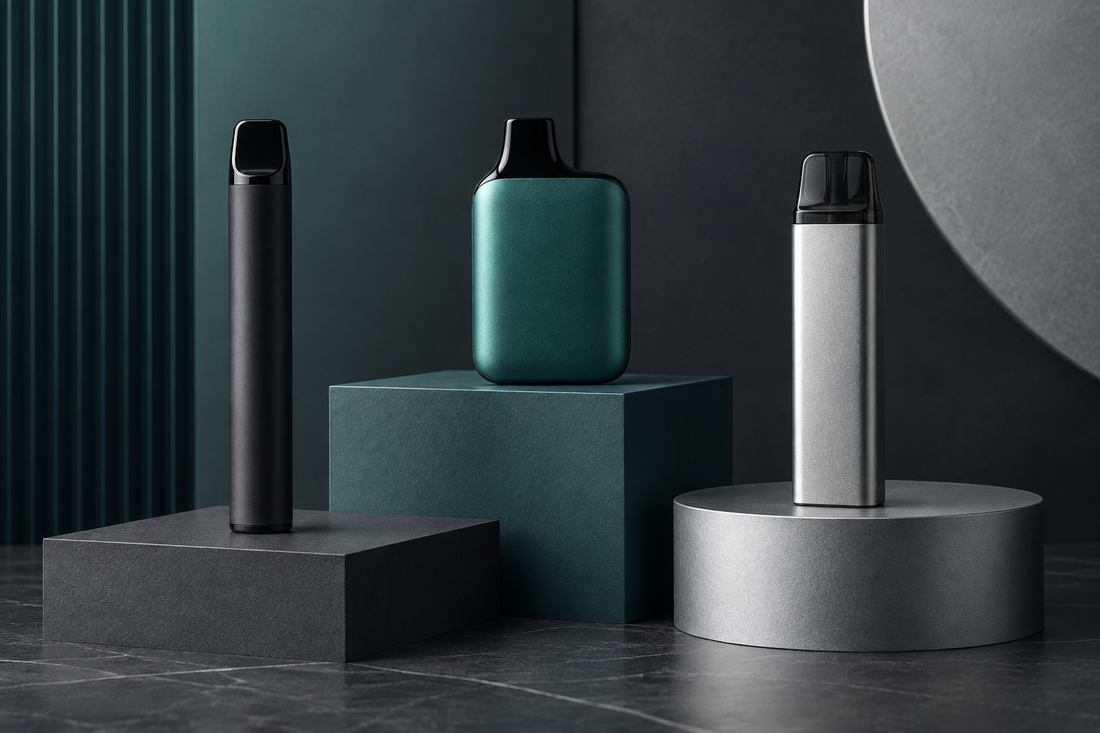 Three unbranded disposable vape formats in an adult comparison setting