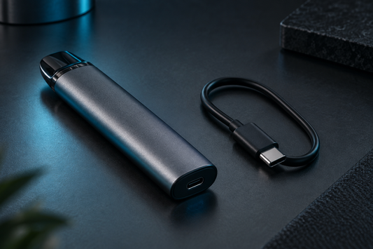 Unbranded rechargeable disposable vape device with a USB-C cable for an adult guide