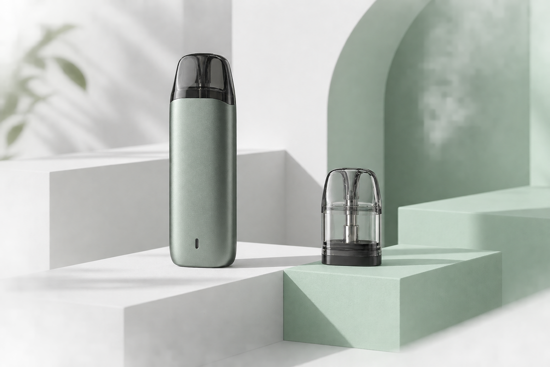 Unbranded pod device and cartridge for an adult brand guide