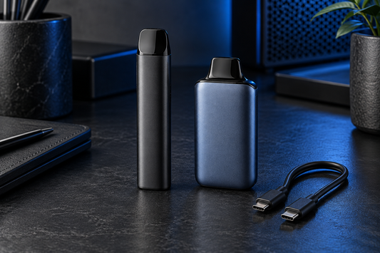 Two unbranded disposable vape formats with a USB-C cable for an adult guide