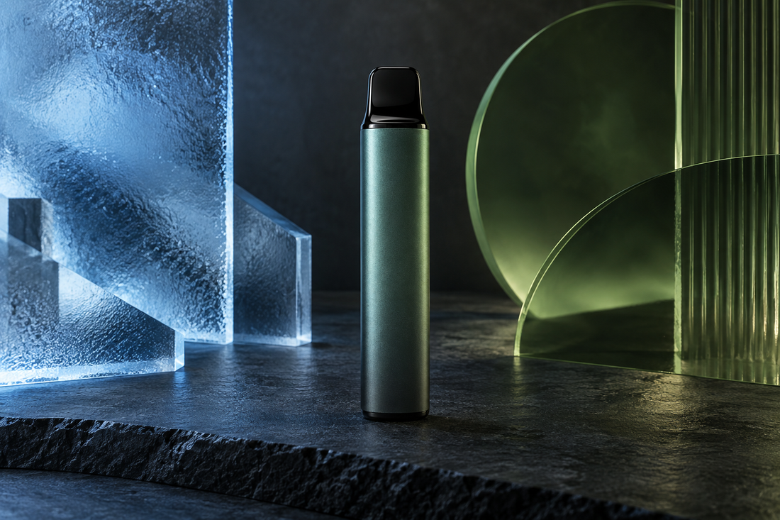 Unbranded vape format in a cool and green abstract adult flavour-guide setting