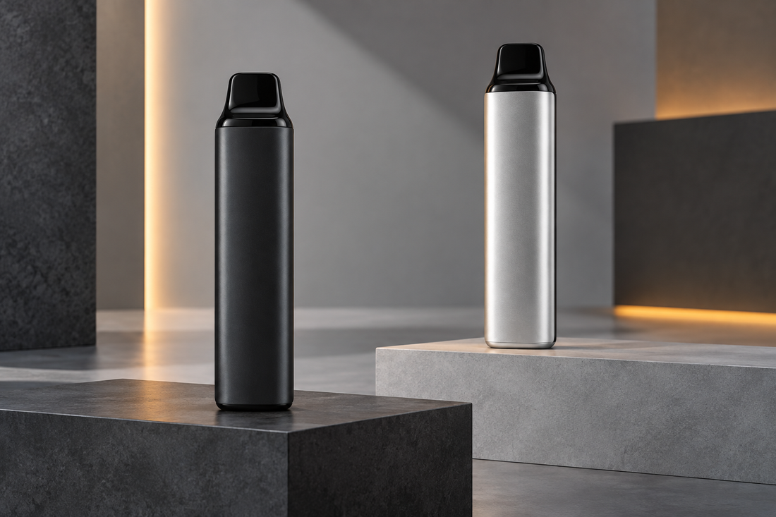Two unbranded large-format disposable vape devices for an adult comparison checklist