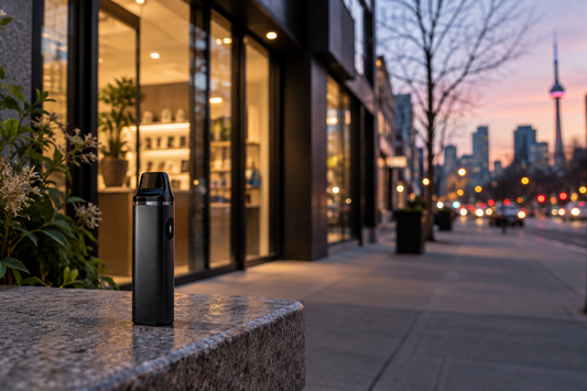 Unbranded vape device near a Toronto streetscape for an adult local guide