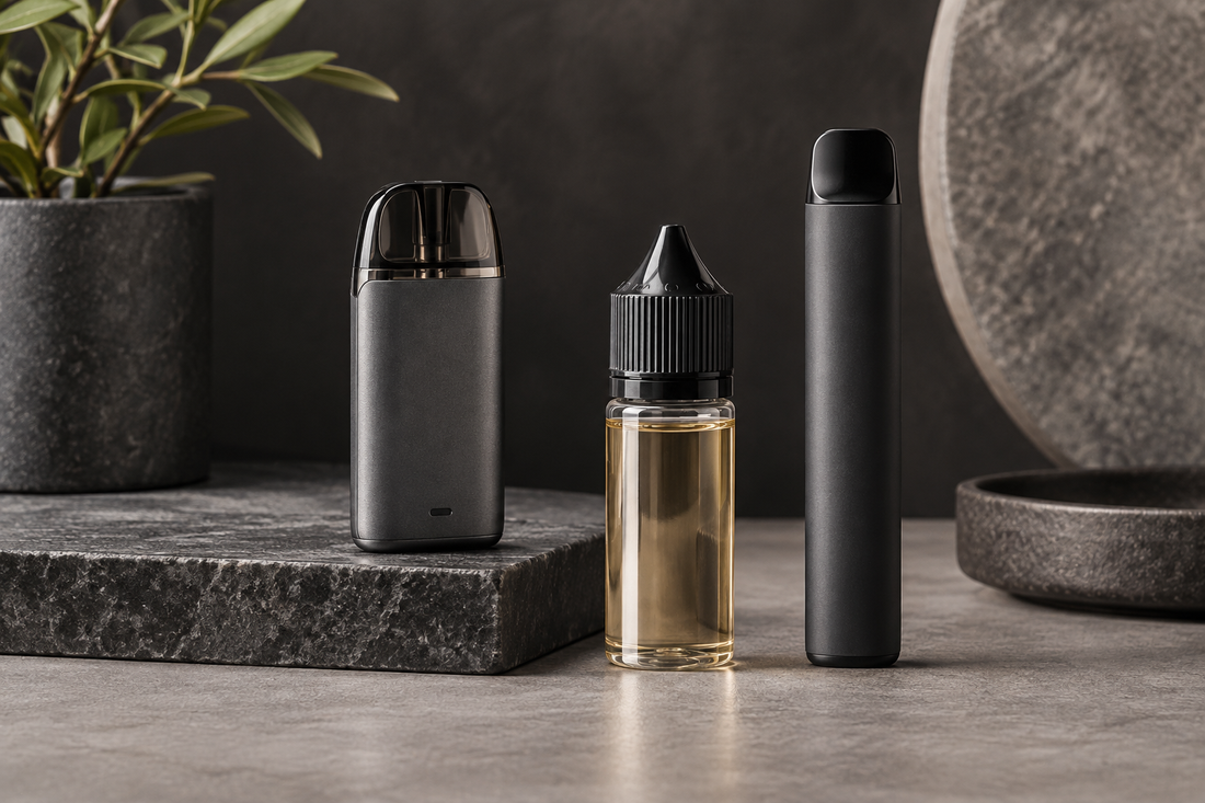 Unbranded pod device, e-liquid bottle and disposable format for an adult shopping guide