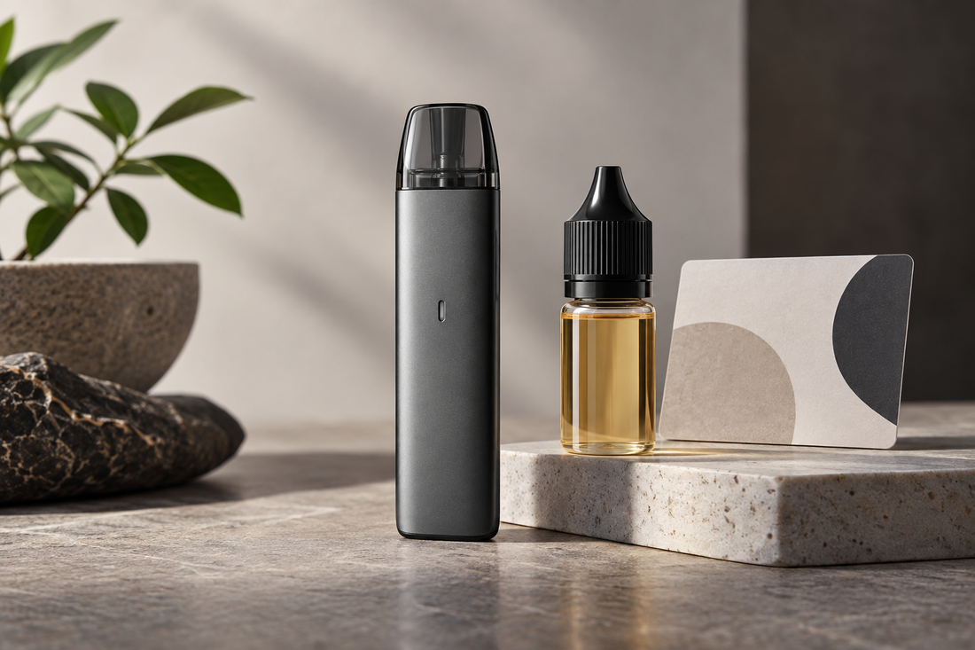 Unbranded pod device, e-liquid bottle and product-detail card for an adult online shopping guide
