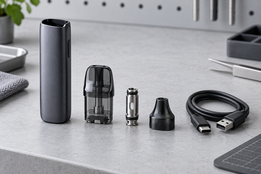 Unbranded vape device parts for an adult education guide