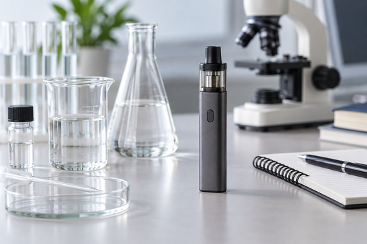 Unbranded vape device and laboratory glassware for an adult research guide