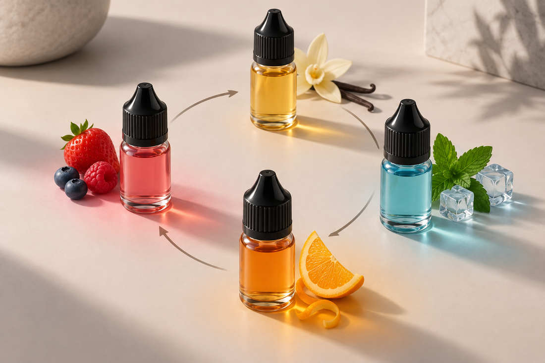 Unbranded e-liquid bottles for an adult flavour rotation guide