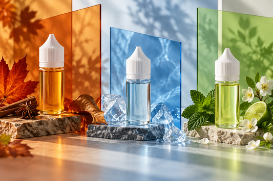 Unbranded e-liquid bottles for an adult seasonal flavour guide