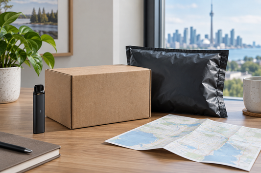 Unbranded parcel and vape device for an adult shipping guide