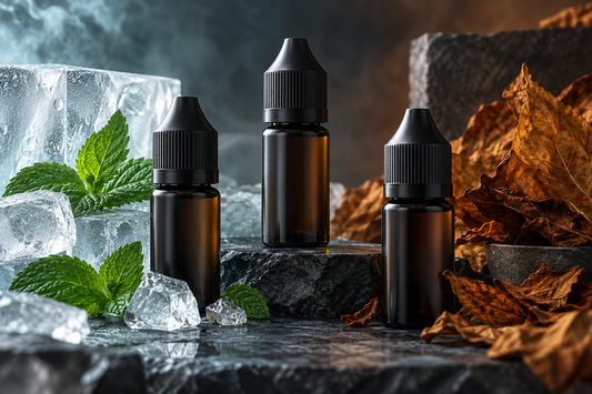 Unbranded e-liquid bottles with tobacco and menthol visual accents