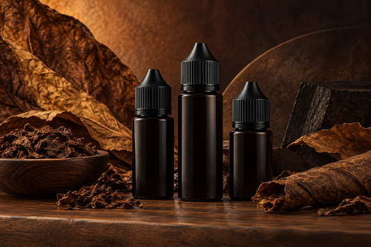 Unbranded e-liquid bottles for an adult tobacco flavour guide